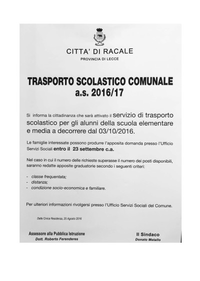 Trasporto Scolastico Comunale a.s. 2016/17