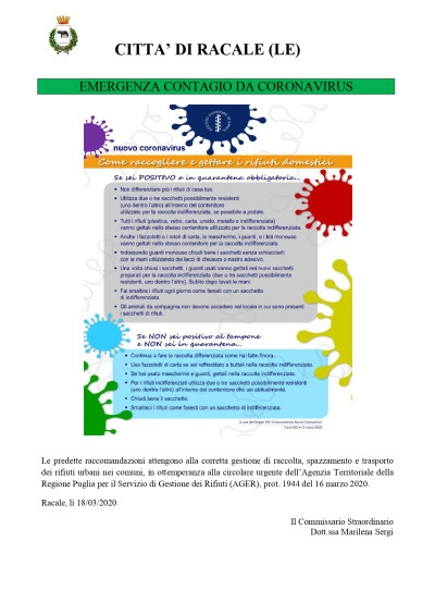 Emergenza Coronavirus - Indicazioni sulla gestione dei rifiuti urbani
