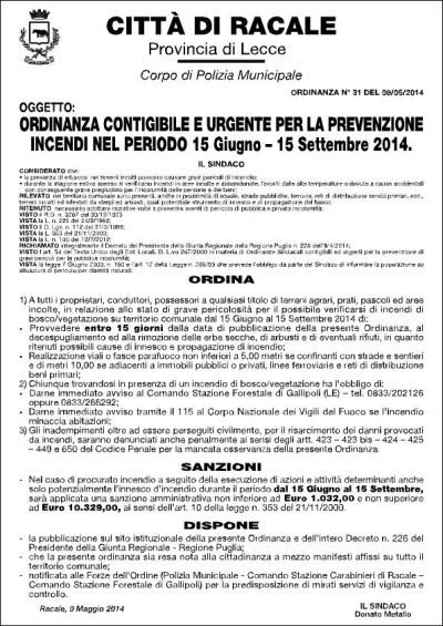 ORDINANZA CONTINGIBILE E URGENTE PER LA PREVENZIONE INCENDI NEL PERIODO 15Giu...