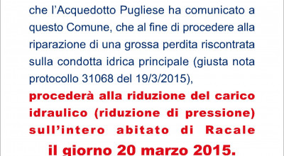 AVVISO RIDUZIONE EROGAZIONE IDRICA PER IL 20-03-2015