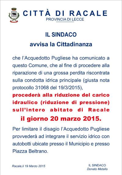 AVVISO RIDUZIONE EROGAZIONE IDRICA PER IL 20-03-2015