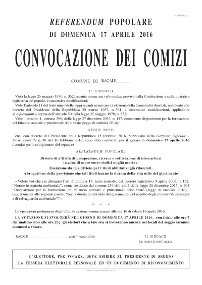 CONVOCAZIONE DEI COMIZI per il Referendum Popolare di domenica 17 aprile 2016