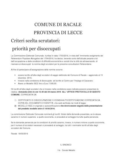 Referendum Popolare Abrogativo del 17/04/2016 - Criteri scelta scrutatori: p...