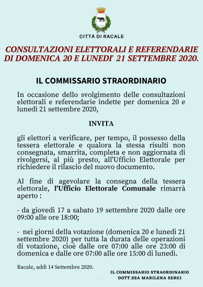 AVVISO DEL COMMISSARIO STRAORDINARIO RELATIVO ALLE CONSULTAZIONI ELETTORALI E...