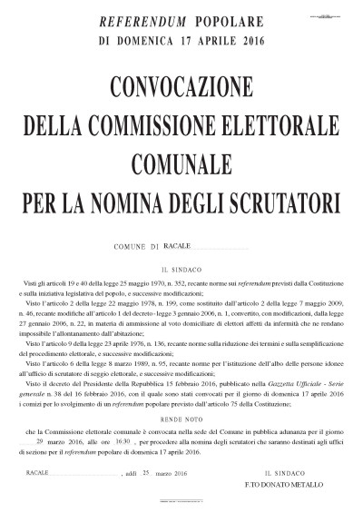 Referendum Popolare di domenica 17 aprile 2016:Convocazione della Commissione...