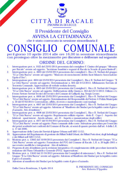 Convocazione Consiglio Comunale in sessione straordinaria giorno 10 aprile 20...