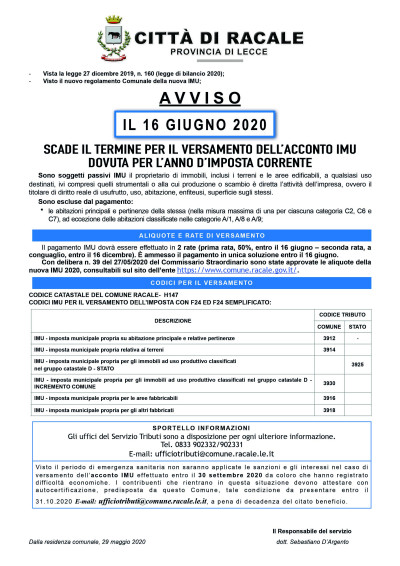 AVVISO “IMU” norme, aliquote e scadenze - 1a RATA