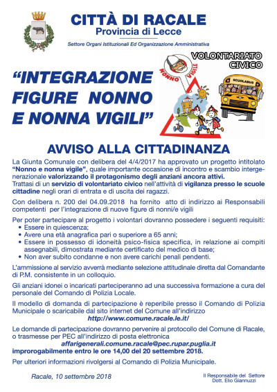 “INTEGRAZIONE FIGURE NONNO E NONNA VIGILI” AVVISO ALLA CITTADIN...