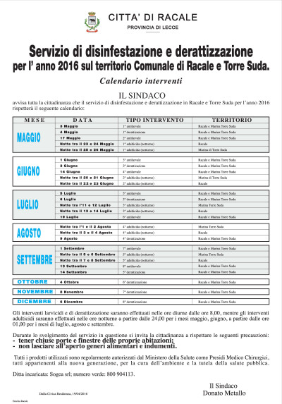 Servizio di disinfestazione e derattizzazione per l'anno 2016 sul territorio ...