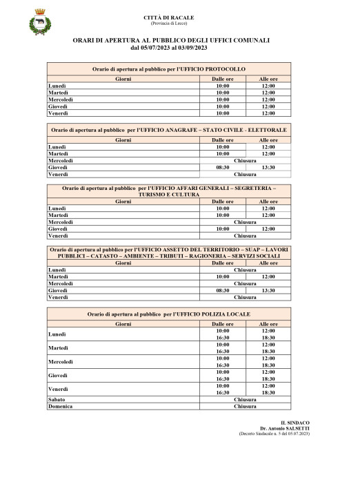 ORARI DI APERTURA AL PUBBLICO DEGLI UFFICI COMUNALI dal 05/07/2023 al 03/09/2023