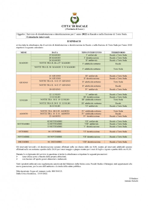 Servizio di disinfestazione e derattizzazione per l'anno 2022 in Racale e nel...