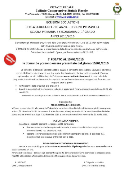 ISCRIZIONI SCOLASTICHE PER LA SCUOLA DELL'INFANZIA- SEZIONE PRIMAVERA  SCUOLA...
