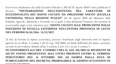 Xylella fastidiosa Decreto di declaratoria danni causati da organismi nocivi ...